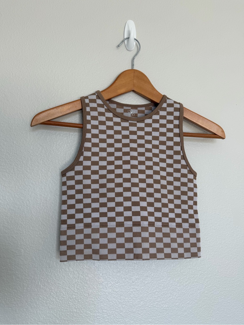 Ribbed Knit Neutral Checkered Crop Tank